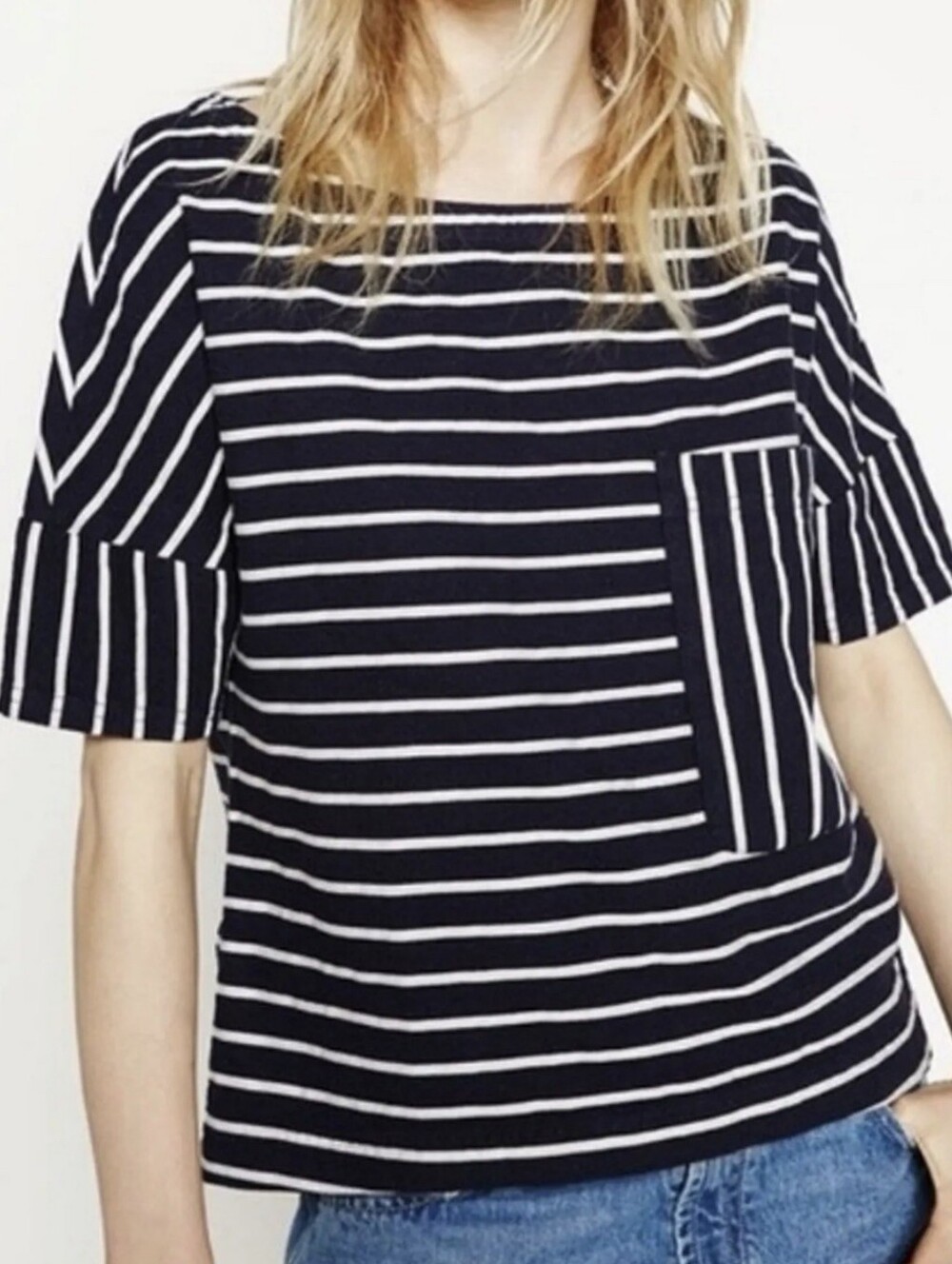 Zara Navy and White Striped Pocket Tee Nautical Summer Size M